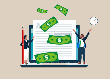 Freelance woman and partner blogger or writer catching money banknotes fall from the sky. Make money from online, monetize content, get income or earning from affiliate links.のイラスト素材