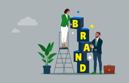 Business people building brand word, company personality development. vector illustration.のイラスト素材