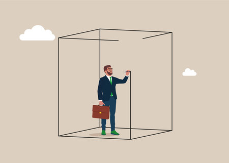 Businessman drawing box around himself creating limits and borders. Set privacy zone, personal barrier to focus or work boundary, space to be with yourself.のイラスト素材