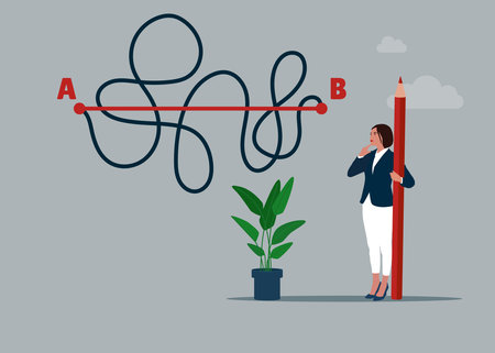 Businesswoman holding red pencil in hand leads a drawing line from point A to point B, Shortest distance to goal, easy or shortcut way to win business success.のイラスト素材