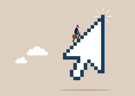 Businessman walk up computer mouse pointer as staircase to reach goal. Digital marketing, web, seo, online technology to achieve business success. vector illustration.のイラスト素材