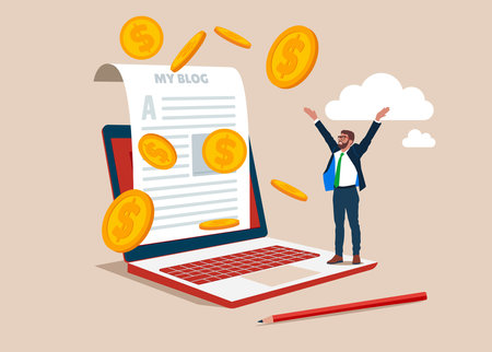 Success blogger or writer catching money banknotes fall from the sky. Make money from online, monetize content, get income or earning from affiliate links.のイラスト素材