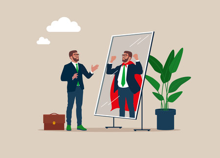 Businessman looking at his strong ideal self superhero reflection mirror. Self confidence, positive attitude to success, determination to achieve goals. vector illustration.のイラスト素材