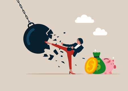 Businesswoman punching and breaking a huge wrecking ball, Crisis management and Problem solving. vector illustration.のイラスト素材