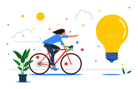 Businesswoman Character on a bike Getting Idea as a Lightbulb. Symbol of Leadership, New Idea, Innovations, Success, Happiness, Brainstorming. Flat vector illustration.のイラスト素材