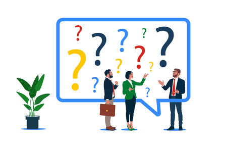 Businessman and businesswoman with many of confused question marks. Confused people with confusion problem or doubt, lost in trouble or complexity, misunderstanding.のイラスト素材