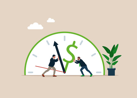 Two businessmen drive the operation of time and money. Flat vector illustration.のイラスト素材