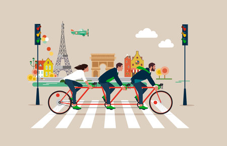 Business Team Riding Tandem Bicycle Traveling to Work in City. Crossing Road by Crosswalk with Zebra Markup. Flat vector illustration.のイラスト素材