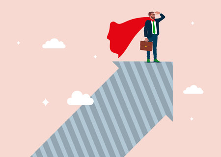 Businessman superhero with powerful red cape stand on growth arrow Success leadership leading business growth strategy, company hero achieve career growth. flat vector illustrationのイラスト素材