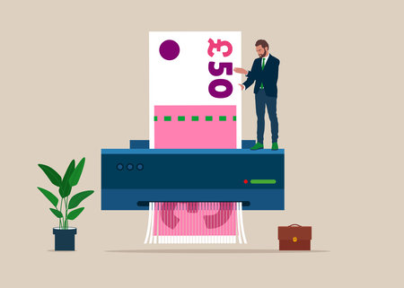 Businessman hand feed pulling sterling banknote money into shredder to destroy losing all his wealth. Money shred bad investment, scam, causing losing money.のイラスト素材