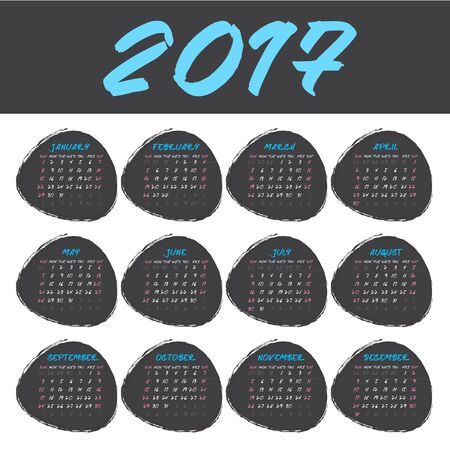 Simple calendar for 2017 Year in black circles, Week Starts Sunday, white backgroundのイラスト素材