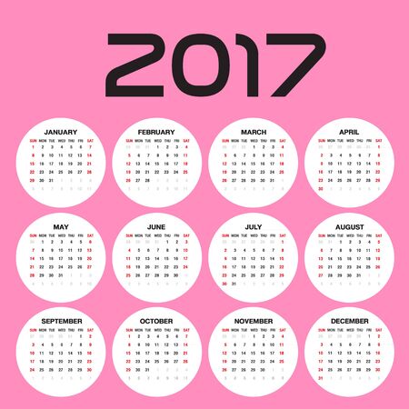 Simple calendar for 2017 Year in circles, Week Starts Sunday, pink backgroundのイラスト素材