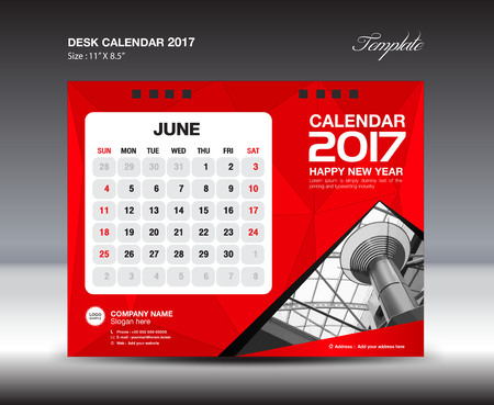 Desk Calendar Template for 2017 Year,JUNE , Design Template, vector, red Calendar, poster,advertisement, Week starts Sundayのイラスト素材