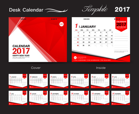 set Red Desk Calendar 2017 vector template, cover templateのイラスト素材