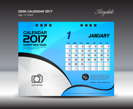 Desk Calendar for 2017 Year, january 2017 year,Week Starts Monday, calendar template with Place for Photoのイラスト素材