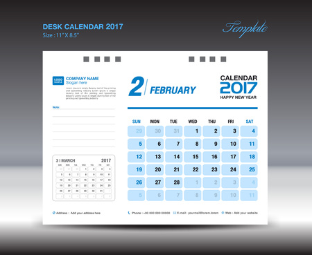 Desk Calendar Template for 2017 Year , FEBRUARY 2017 year, Blue calendar template, Week starts Sunday, Calendar pageのイラスト素材