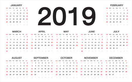 Calendar 2019,  Week starts from Sunday, business templateのイラスト素材