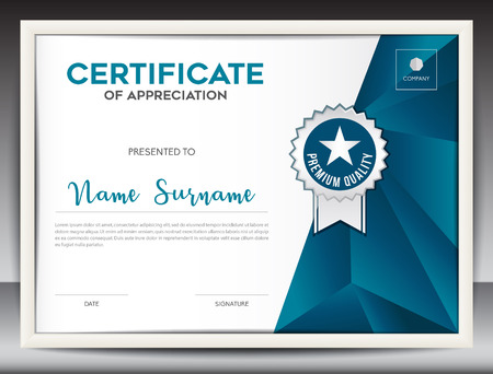 certificate template vector illustration, diploma layout in a4 size, business flyer design, advertisement, printing, achievement, Appreciation, corporate event, blue polygon backgroundのイラスト素材