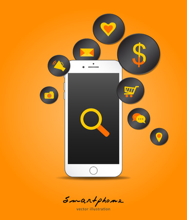 vector smartphone device concept with applications icons in flat design, Black icon, infographics, mobile, Technology design, signs templateのイラスト素材