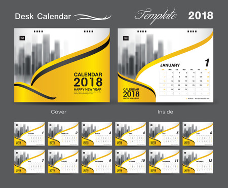 Set desk calendar 2018 template design. Yellow cover, set of 12 months, Week start Sunday.のイラスト素材