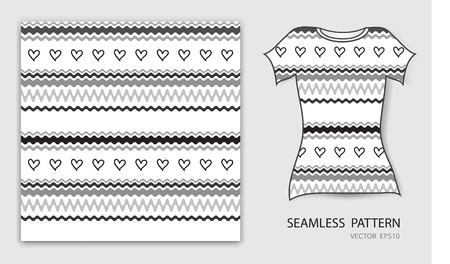 Black lines and heart seamless pattern vector illustration, t shirt design, fabric texture, patterned clothing, abstract backgroundのイラスト素材