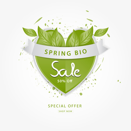 SPRING sale banner vector illustration, flyers, organic Bio icon template, web icon, discount card layout, promotion, green heart shape, headerのイラスト素材