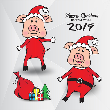 Cartoon pig Santa Claus, gift boxes with Christmas tree, Vector image, animal cartoon, Merry Christmas and happy new year 2019のイラスト素材