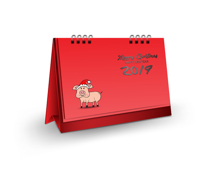 Blank desk calendar 3d mockup vector illustration, Vertical Realistic mockup  for Desk calendar template design, merry Christmas and happy new year 2019 Cover, red Background Isolated, pigs Santa Clausのイラスト素材