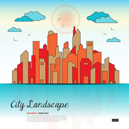 City landscape template vector illustration, Downtown landscape with high skyscrapers, Web banner, Goverment buildings, Urban life, Business Brochure flyer design, advertisement, Colorful city Backgroundのイラスト素材