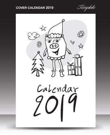 Cover design template cute Pig calendar for 2019, Lettering calendar, hand-drawn pig cartoon vector illustration Can be used for postcard, gift card, banner, poster, card and printable, china calendarのイラスト素材