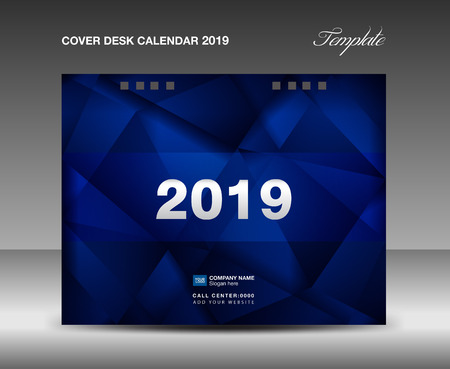 Cover Desk Calendar 2019 Design, annual report template, business brochure flyer, ads, booklet, catalog, book cover, polygonal backgroundのイラスト素材