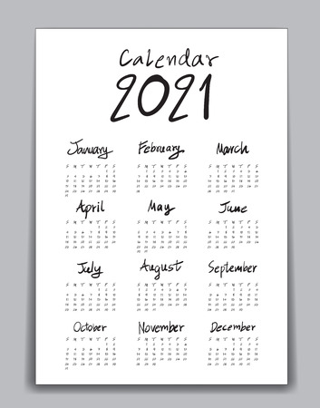 Calendar 2021 template, Lettering calendar, hand drawn Lettering calendar vector illustration, Set of 12 Months, Week starts Sunday, Stationery, flyer, poster design,advertisementのイラスト素材