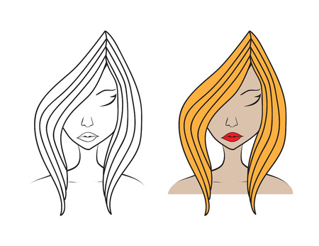 Beautiful woman face vector illustration, girl model, Fashion style, beauty. Graphic, sketch drawing, logo salon, long hair style icon, spaのイラスト素材
