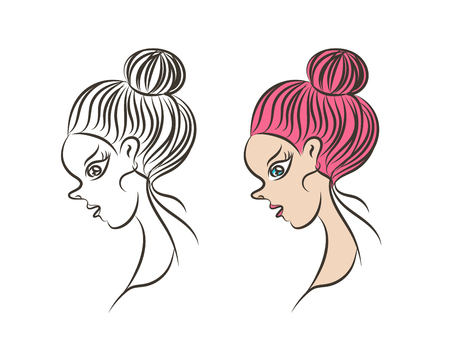 Beautiful woman face vector illustration, girl model, Fashion style, beauty. Graphic, sketch drawing, logo salon, long hair style icon, spaのイラスト素材
