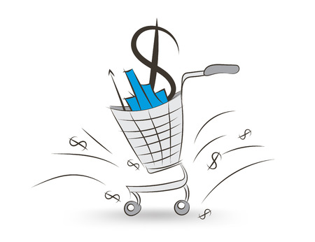 supermarket shopping cart vector illustration, Dollars and graph in the shopping cart, hand drawn, web icon, Graphic, sketch drawing, doodle cartoon, logoのイラスト素材