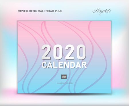Cover Desk Calendar 2020 template on paper cut abstract background, Cover Design, flyer template, annual report, brochure, booklet, book cover, wave background, trendy pastel color, creative ideaのイラスト素材