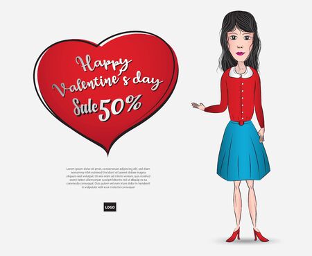 Young Business woman with heart shape vector illustration of a flat design. for valentine's day card, banner, poster, ads. beautiful girls. cartoon portraits. Flat cartoon girl in red uniform.のイラスト素材
