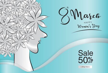 8 march. Women's day vector template can be use poster, flyer, sale banner, Postcard, greeting card, brochures. Hand drawn women vector with flowers in her hair. number 8 in pink flower concept.のイラスト素材