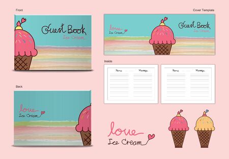 guest book Cover and inside page ice Cream Sweets desserts themes vector illustration, cute guest bookのイラスト素材