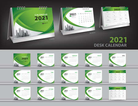 Calendar 2021, 2022, 2023 year template vector and  3d mockup desk calendar, Set Desk Calendar 2021 vector creative design, green cover design, Set of 12 Months, Week starts Sunday, Stationery.のイラスト素材