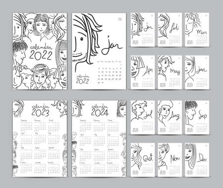 Desk calendar 2022 template set, Calendar 2023-2024, Lettering calendar, hand-drawn cartoon hipster people vector illustration Can be used for postcard, gift card, banner, poster and printableのイラスト素材