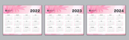 Calendar 2022, 2023, 2024 year template, Simple calendar, desk calendar design,  wall calendarWeek starts from Sunday. Set of 12 Months, Planner, poster, vector  , Pink flowers backgroundのイラスト素材