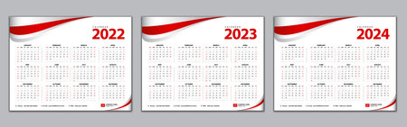Calendar 2022, 2023, 2024 year template, Simple calendar, desk calendar design,  wall calendar, Week starts from Sunday. Set of 12 Months, Planner, poster, vector  , red abstract backgroundのイラスト素材