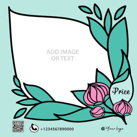Leafs with flowers Frame background template vector, Social Media Post design, Green Frame vector, Web banner design, Square banner template, Advertisement, Ads for web page, Sale bannerのイラスト素材
