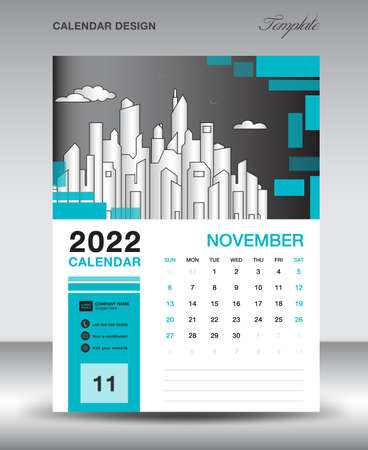 Calendar 2022 design template, November 2022 year layout, vertical calendar design, Desk calendar template, Wall calendar, Planner, week starts on sunday, Blue square shape background, vectorのイラスト素材