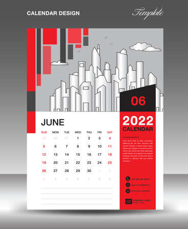 Calendar 2022 design template, June layout, calendar date, Desk calendar template, Wall calendar 2022 year, Planner, week starts on sunday, printing media, Red square shape background, vectorのイラスト素材