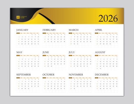 Calendar 2026 template luxurious concept, Desk calendar 2026 design, Wall calendar, Set of 12 Months, Week starts Sunday, Planner, Yearly organizer, Stationery, gold background vectorのイラスト素材