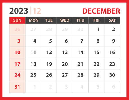 December 2023 template, Calendar 2023 design vector, planner layout, Week starts Sunday, Desk calendar 2023 template, Stationery. Wall calendar on red background, vector eps 10のイラスト素材