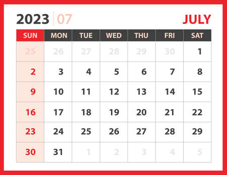 July 2023 template, Calendar 2023 design vector, planner layout, Week starts Sunday, Desk calendar 2023 template, Stationery. Wall calendar on red background, vector eps 10のイラスト素材