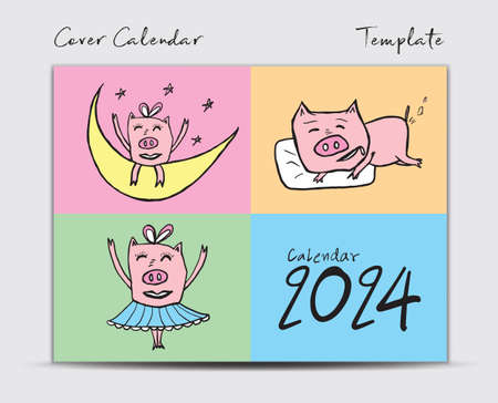 Cover Calendar 2024 design template with Cute Pig vector, minimal Desk calendar 2024 year, Lettering, Brochure cover template, dirary, postcard, gift card, pig cartoon character, holiday eventのイラスト素材